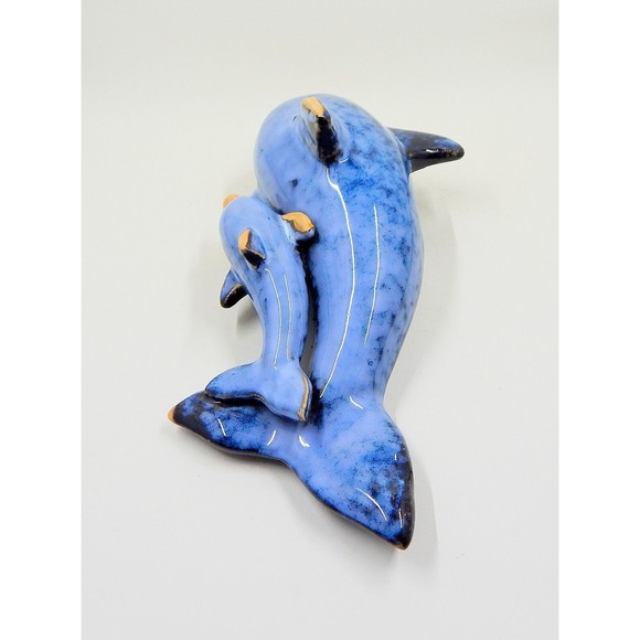 Pottery Ceramic Drip Glazed Blue Dolphin Momma and Baby Nautical Figurine Statue - Picture 4 of 6
